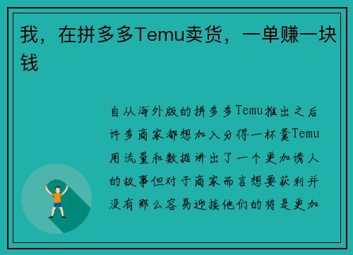 我，在拼多多Temu卖货，一单赚一块钱