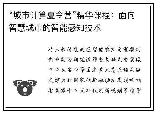 “城市计算夏令营”精华课程：面向智慧城市的智能感知技术