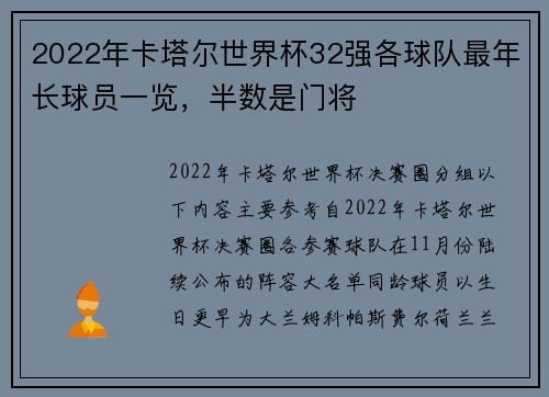 2022年卡塔尔世界杯32强各球队最年长球员一览，半数是门将