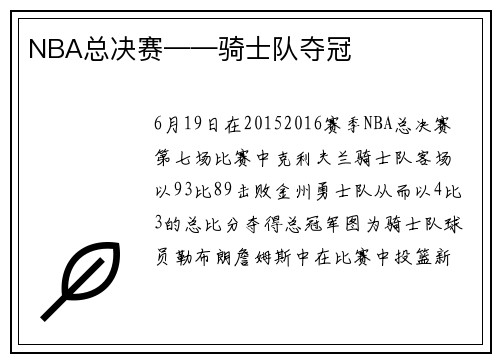 NBA总决赛——骑士队夺冠