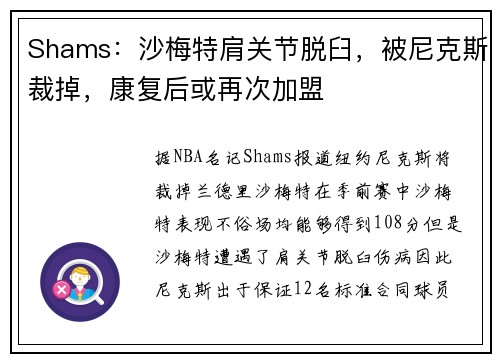 Shams：沙梅特肩关节脱臼，被尼克斯裁掉，康复后或再次加盟