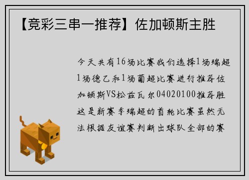 【竞彩三串一推荐】佐加顿斯主胜
