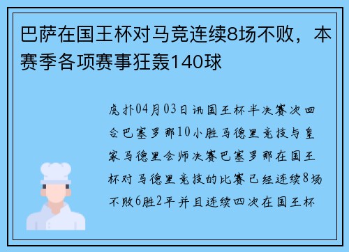 巴萨在国王杯对马竞连续8场不败，本赛季各项赛事狂轰140球