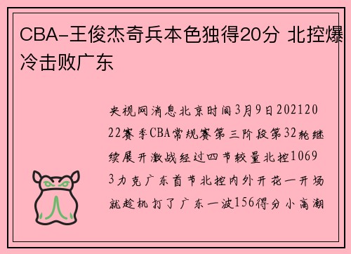 CBA-王俊杰奇兵本色独得20分 北控爆冷击败广东