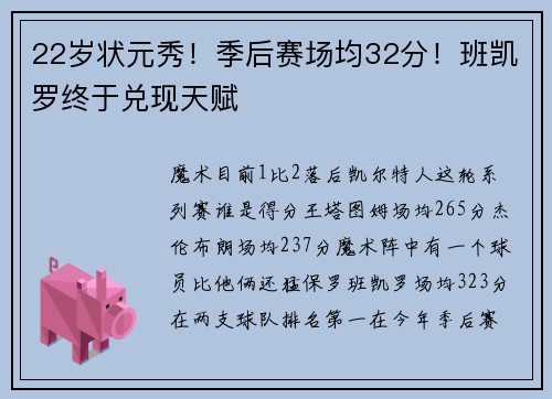 22岁状元秀！季后赛场均32分！班凯罗终于兑现天赋